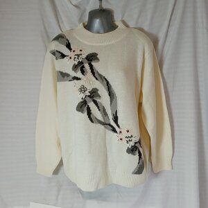 ALIA Pink White Embroidered Knit Pullover Sweater Size L Grannycore 1980s